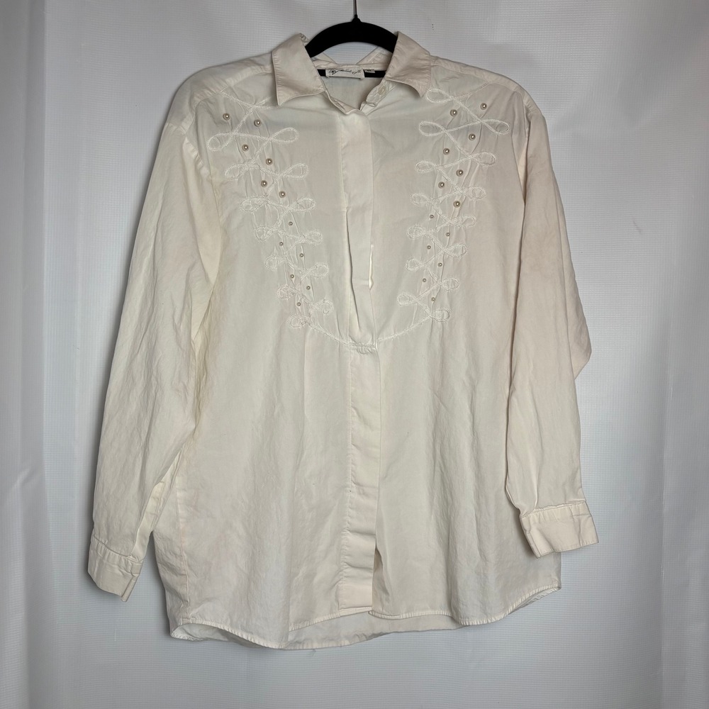 Vintage Michael J's Cream Pearl Embellished L/S Blouse Shirt Women's M Victorian